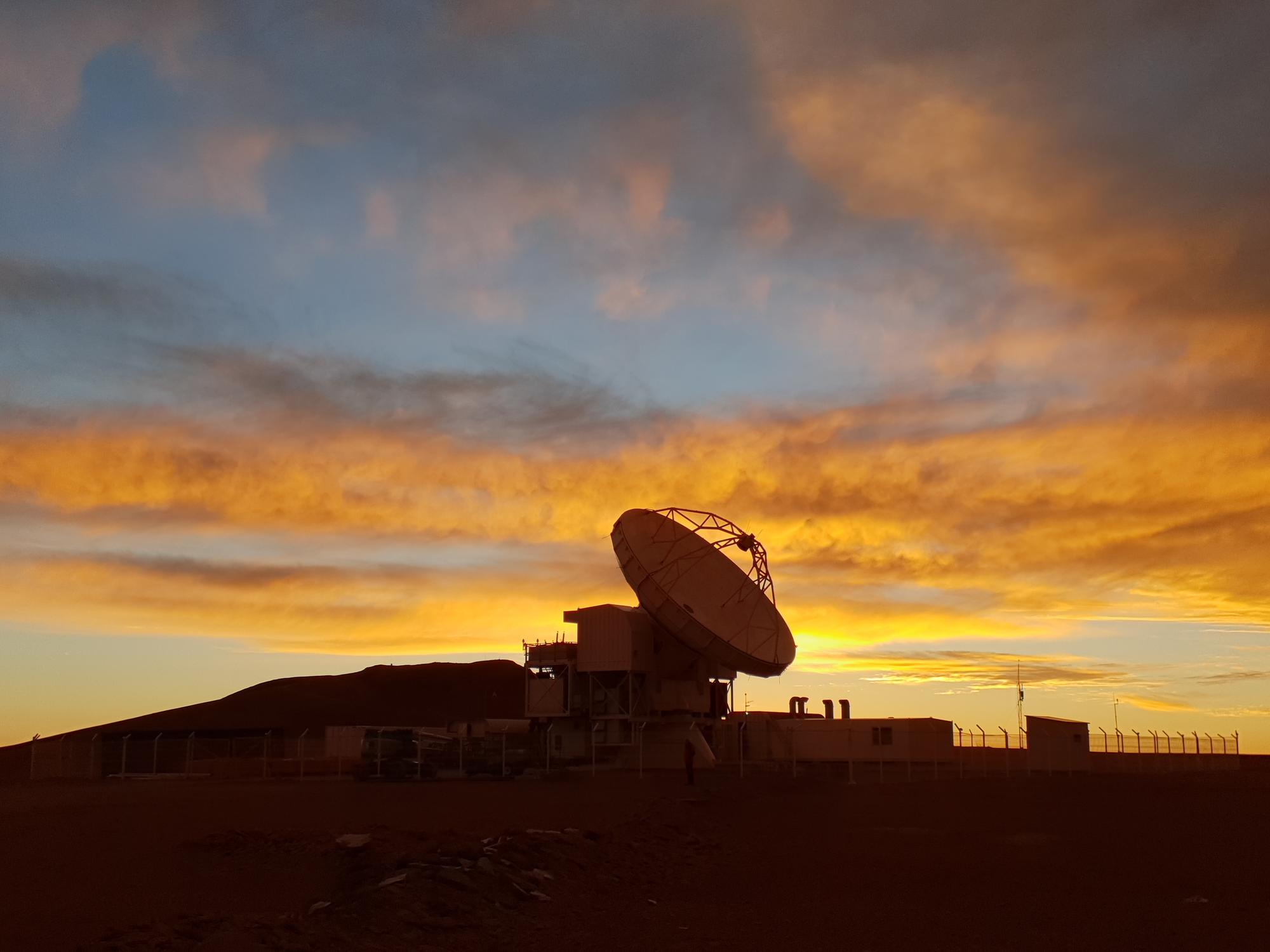 The APEX telescope at sunset during the EHT 2018 observing campaign